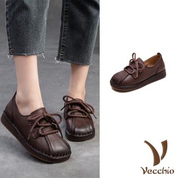 【VECCHIO】真皮軟面繫帶平底休閒鞋/真皮頭層牛皮復古軟面繫帶平底休閒鞋 女鞋 棕