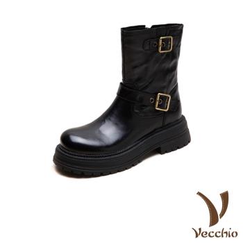 【VECCHIO】真皮雙皮帶釦粗跟中筒靴/真皮頭層牛皮經典雙皮帶釦造型粗跟中筒靴 女鞋 黑