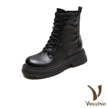 【VECCHIO】真皮皮紋繫帶休閒中筒靴/真皮頭層牛皮經典細膩皮紋繫帶休閒中筒靴 女鞋 黑