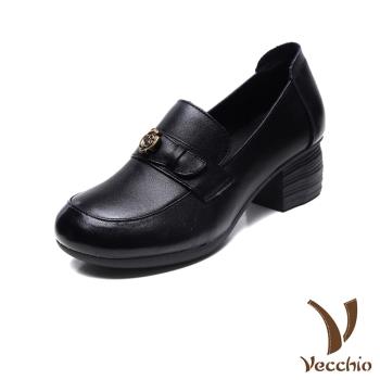 【VECCHIO】全真皮皮帶釦粗跟樂福鞋/全真皮頭層牛皮典雅皮帶釦飾粗跟樂福鞋 小皮鞋 女鞋 黑