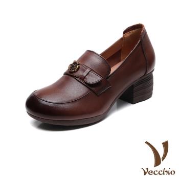 【VECCHIO】全真皮皮帶釦粗跟樂福鞋/全真皮頭層牛皮典雅皮帶釦飾粗跟樂福鞋 小皮鞋 女鞋 棕