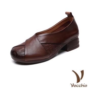 【VECCHIO】全真皮皮雕交叉粗跟鞋/全真皮頭層牛皮皮雕交叉帶設計小圓頭粗跟鞋 女鞋 棕