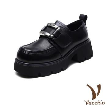 【VECCHIO】真皮金屬扣魔鬼粘厚底樂福鞋/真皮頭層牛皮百搭金屬扣魔鬼粘厚底樂福鞋 女鞋 黑