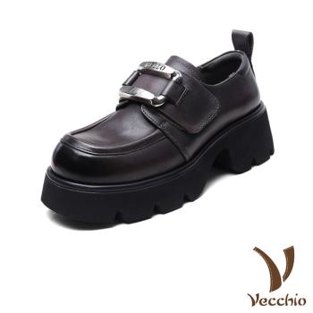 【VECCHIO】真皮金屬扣魔鬼粘厚底樂福鞋/真皮頭層牛皮百搭金屬扣魔鬼粘厚底樂福鞋 女鞋 咖