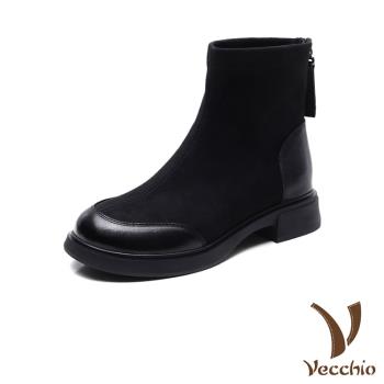 【VECCHIO】真皮絨布拼接粗跟短靴/真皮頭層牛皮彈力絨布拼接經典純色粗跟短靴 女鞋 黑