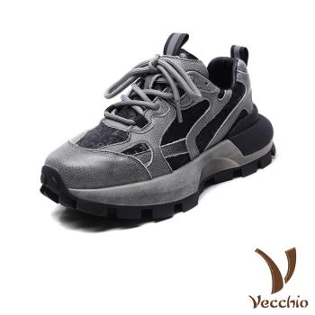 【VECCHIO】真皮暈彩拼接厚底運動鞋/真皮頭層牛皮潮流暈彩線條拼接厚底運動鞋 女鞋 黑