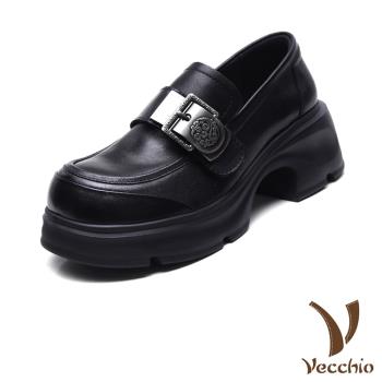 【VECCHIO】全真皮金屬皮帶釦樂福鞋/全真皮頭層牛皮時尚金屬皮帶釦造型樂福鞋 女鞋 黑