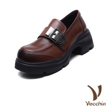 【VECCHIO】全真皮金屬皮帶釦樂福鞋/全真皮頭層牛皮時尚金屬皮帶釦造型樂福鞋 女鞋 棕