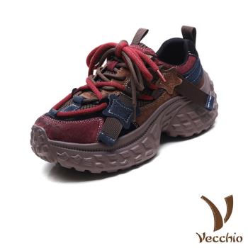 【VECCHIO】真皮拼接厚底老爹鞋/真皮頭層皮拼接復古潮流厚底老爹鞋 女鞋 紅