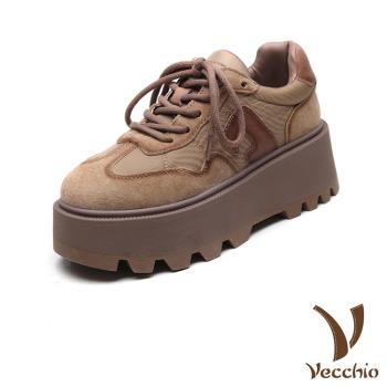 【VECCHIO】真皮拼接厚底繫帶休閒鞋/真皮潮流拼接復古厚底繫帶休閒鞋 女鞋 卡其
