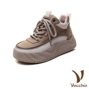 【VECCHIO】真皮拼接繫帶厚底休閒鞋/真皮頭層牛皮潮流拼接繫帶厚底休閒鞋 女鞋 卡其