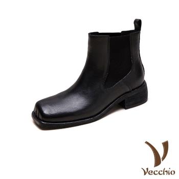 【VECCHIO】馬皮方頭切爾西粗跟短靴/全真皮細膩馬皮復古方頭切爾西粗跟短靴 女鞋 黑