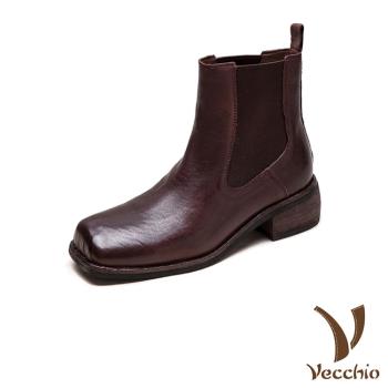 【VECCHIO】馬皮方頭切爾西粗跟短靴/全真皮細膩馬皮復古方頭切爾西粗跟短靴 女鞋 咖