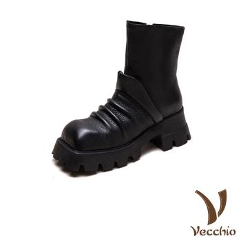 【VECCHIO】全真皮抓褶粗跟厚底中筒靴/全真皮頭層牛皮堆堆抓褶設計粗跟厚底中筒靴 女鞋 黑