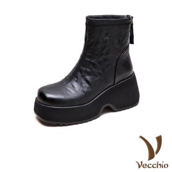 【VECCHIO】真皮純色拼接後拉鍊厚底短靴/真皮頭層牛皮純色拼接後拉鍊設計厚底短靴 女鞋 黑