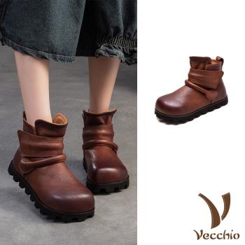 【VECCHIO】全真皮魔鬼粘平底內增高短靴/全真皮頭層牛皮復古魔鬼粘個性平底內增高短靴 女鞋 棕