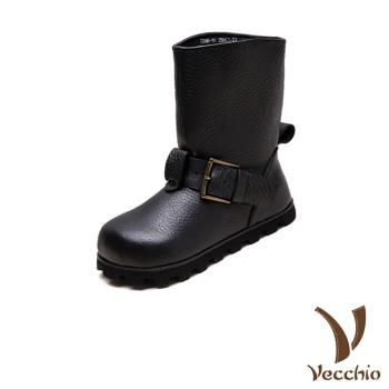 【VECCHIO】全真皮平底內增高中筒靴/全真皮頭層牛皮復古大皮帶釦平底內增高中筒靴 女鞋 黑
