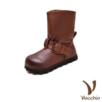【VECCHIO】全真皮平底內增高中筒靴/全真皮頭層牛皮復古大皮帶釦平底內增高中筒靴 女鞋 棕