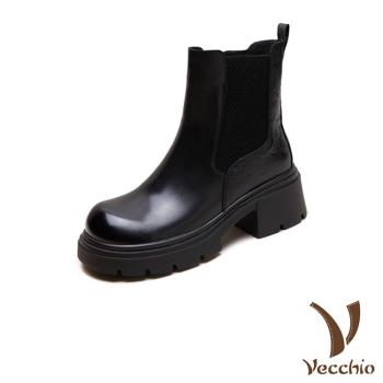 【VECCHIO】真皮厚底粗跟切爾西中筒靴/真皮頭層牛皮經典厚底粗跟切爾西中筒靴 女鞋 黑