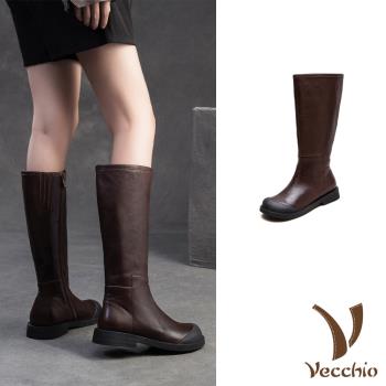 【VECCHIO】全真皮包頭護指低跟長靴/全真皮頭層牛皮包頭護指百搭低跟長靴 女鞋 咖
