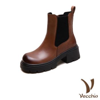 【VECCHIO】真皮厚底粗跟切爾西中筒靴/真皮頭層牛皮經典厚底粗跟切爾西中筒靴 女鞋 棕