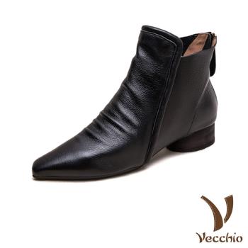 【VECCHIO】全真皮尖頭低跟短靴/全真皮頭層牛皮復古尖頭低跟短靴 女鞋 黑