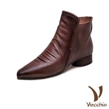 【VECCHIO】全真皮尖頭低跟短靴/全真皮頭層牛皮復古尖頭低跟短靴 女鞋 咖