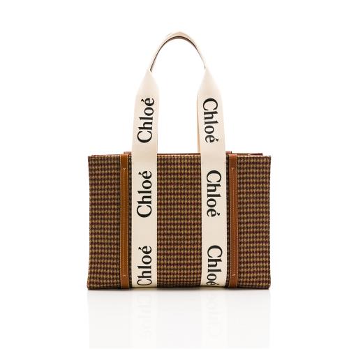 直播特降 Chloe WOODY系列千鳥紋拼接素面羊毛氈限定典藏中號托特包 (棕色)