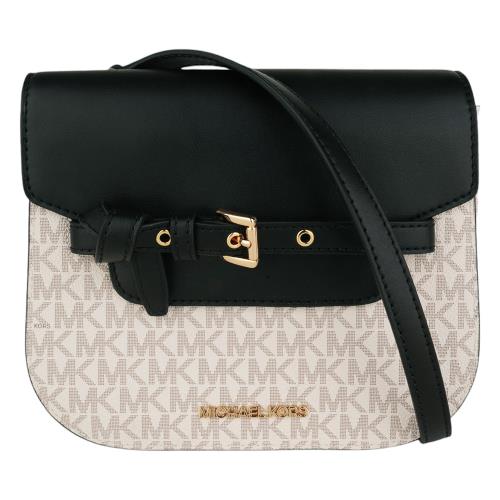 MICHAEL KORS-編織綁帶拼接皮革斜背馬鞍包(白x黑)小款