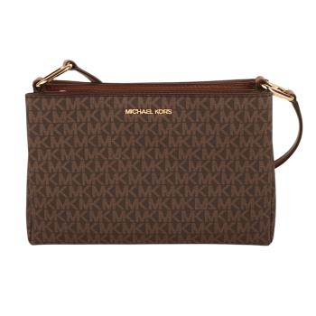 MICHAEL KORS-銀字滿版MK PVC皮革三層斜揹包(深咖)