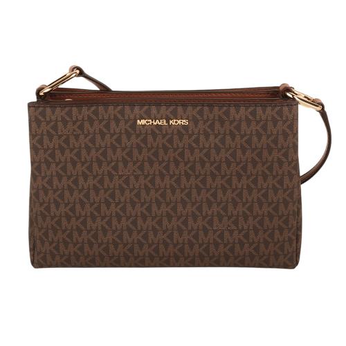 MICHAEL KORS-銀字滿版MK PVC皮革三層斜背包(深咖)