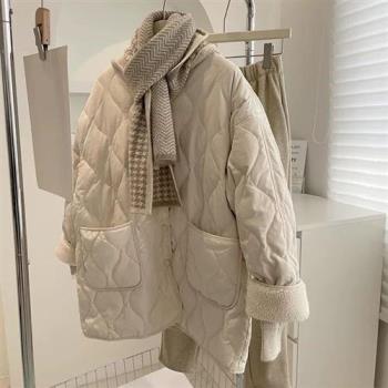 【米蘭精品】羽絨棉外套夾棉夾克-菱格無領羊羔毛拼接女外套2色m1ae43
