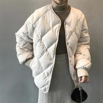 【米蘭精品】羽絨棉外套夾棉夾克-短款港風菱形格輕薄寬鬆女外套2色m1ae2