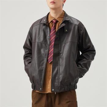 【米蘭精品】皮衣外套防風夾克-純色立領皮衣男外套2色74iz59