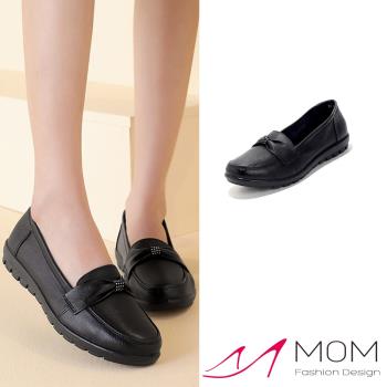 【MOM】真皮典雅燙鑽蝴蝶結樂福鞋/真皮典雅燙鑽蝴蝶結造型小圓頭樂福鞋 女鞋 黑