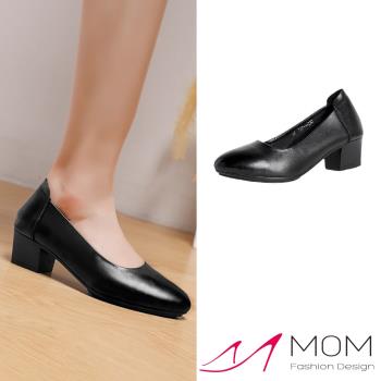 【MOM】真皮小尖頭淺口舒適粗跟鞋/真皮頭層牛皮小尖頭淺口百搭舒適粗跟鞋 女鞋 黑
