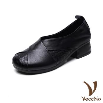 【VECCHIO】全真皮皮雕交叉粗跟鞋/全真皮頭層牛皮皮雕交叉帶設計小圓頭粗跟鞋 女鞋 黑