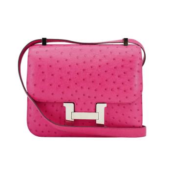 二手品 Hermes Constance 鴕鳥皮銀扣斜揹包-24cm(糖果粉/D刻)