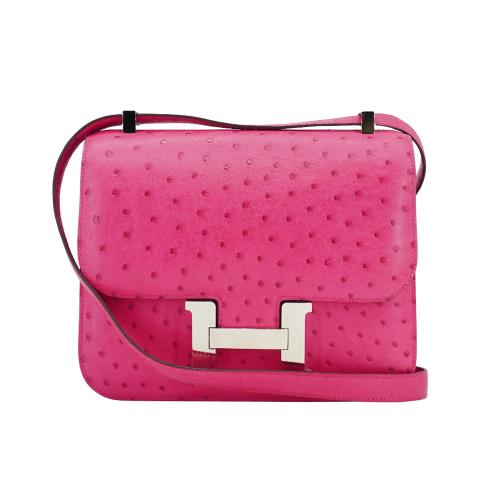 二手品 Hermes Constance 鴕鳥皮銀扣斜背包-24cm(糖果粉/D刻)
