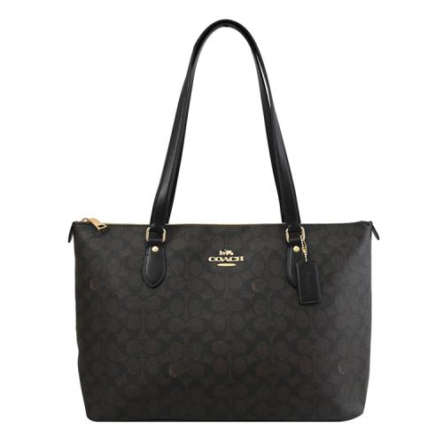 COACH CW381 馬車LOGO新版印花肩背托特包.深咖/黑