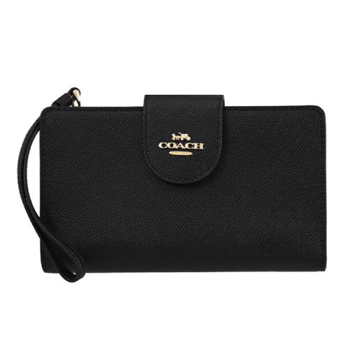 COACH CS441 馬車LOGO防刮皮革扣式簡易手機長夾.黑
