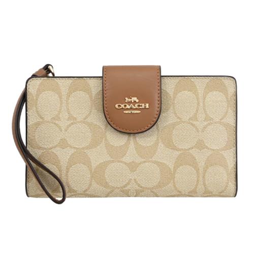 COACH C2874 馬車LOGO印花皮革扣式簡易手機長夾.卡其/咖