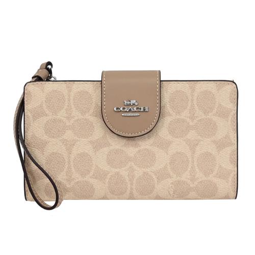 COACH CW780 馬車LOGO印花皮革扣式簡易手機長夾.卡其/淺棕