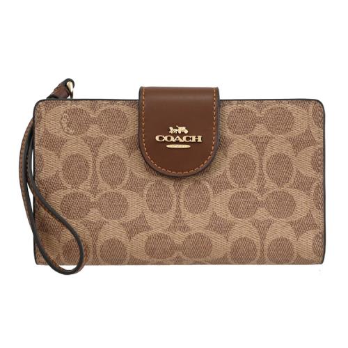 COACH CW780 馬車LOGO印花皮革扣式簡易手機長夾.駝/咖