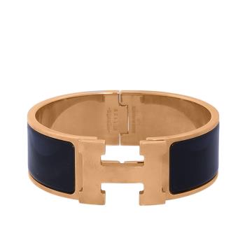 二手商品8.8成新 HERMES Clic H 金釦琺瑯材質寬版手環PM(黑色)