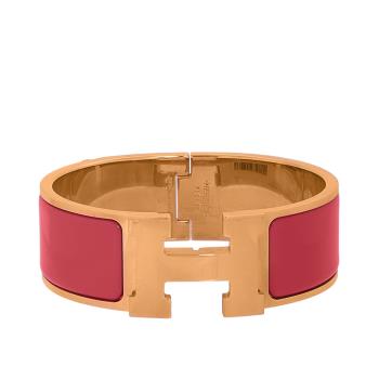 二手商品9成新 HERMES Clic H 玫瑰金釦琺瑯材質寬版手環PM(珊瑚紅)