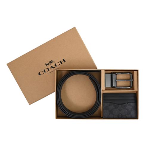 COACH CW351 經典印花雙面皮革隨身卡夾禮盒組.黑灰