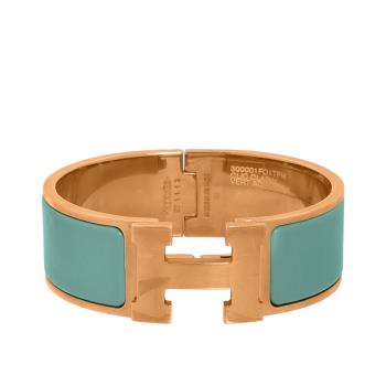 二手商品9成新 HERMES Clic H 玫瑰金釦琺瑯材質寬版手環PM(湖水綠)