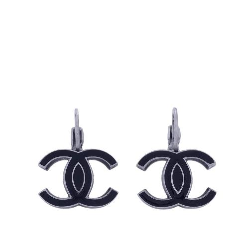 二手商品9成新_CHANEL 銀邊琺瑯CC Logo 針式耳環(黑色)