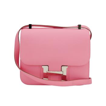 二手品 Hermes Constance Epsom 牛皮銀釦斜揹包-24cm(唇膏粉/Y刻)
